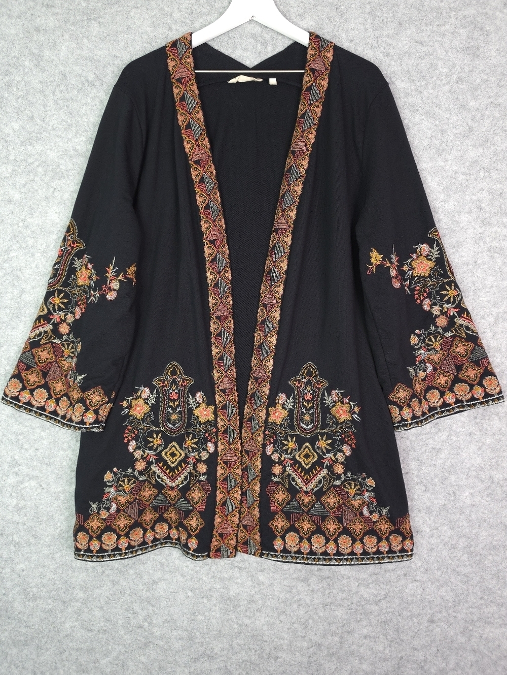 Soft Surroundings Fiberworks Black Open-Front Embroidered Kimono Cardigan